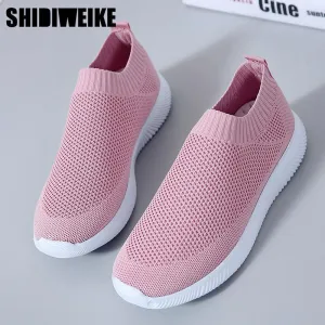 breathable air mesh sneakers women slip on platform knitting flats