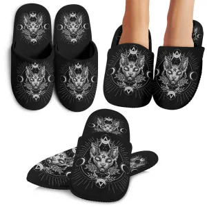 Gothic Occult Black Cat Unique Sphinx Style Cozy Slippers Black And White Awesome Demonic White Eye