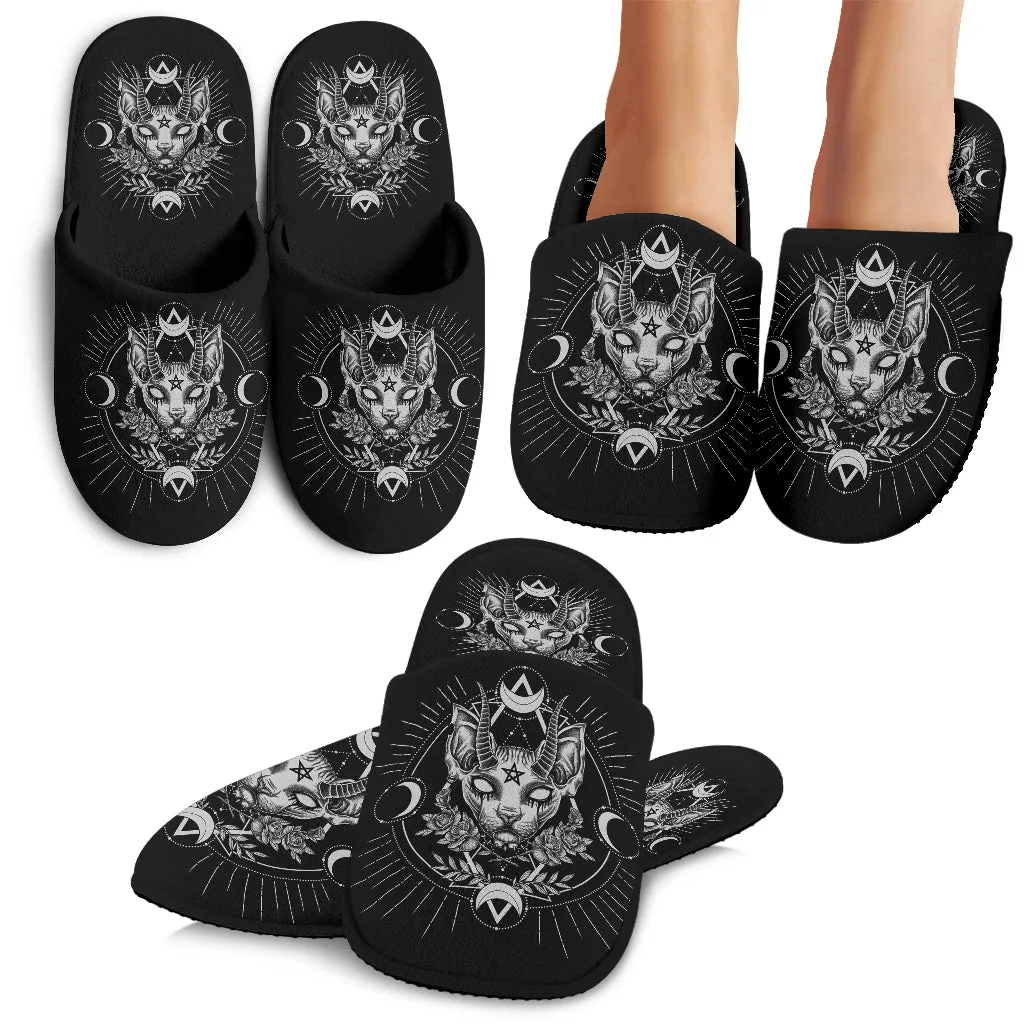 Gothic Occult Black Cat Unique Sphinx Style Cozy Slippers Black And White Awesome Demonic White Eye