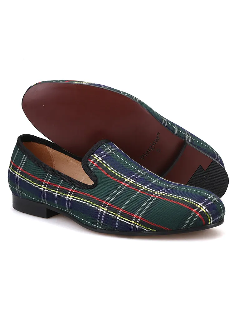 Handmade breathable leather-lined men's shoes, fashionable smoking shoes, European style Scottish plaid loafers