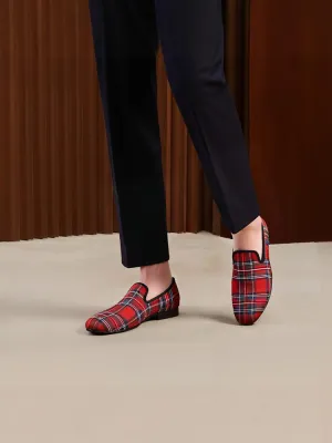 Handmade breathable leather-lined men's shoes, fashionable smoking shoes, European style Scottish plaid loafers