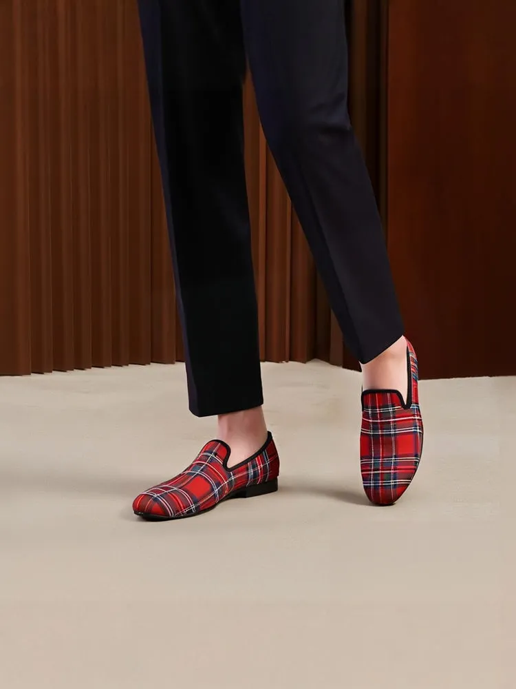 Handmade breathable leather-lined men's shoes, fashionable smoking shoes, European style Scottish plaid loafers