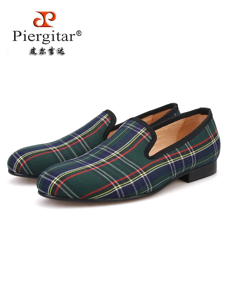 Handmade breathable leather-lined men's shoes, fashionable smoking shoes, European style Scottish plaid loafers