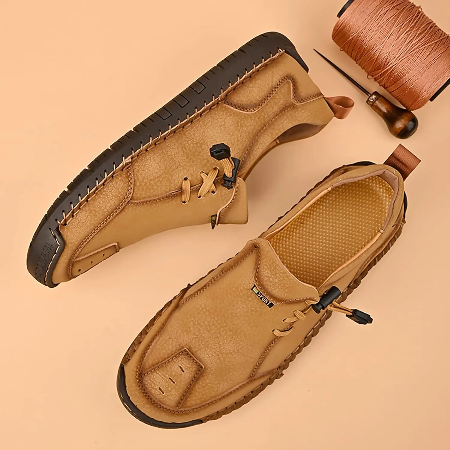 Men's Leather Hand Stitching Lace-Up Loafers Lightweight Breathable Round Toe Slip-On Flat Chukka Oxfords Driving Walking Shoes