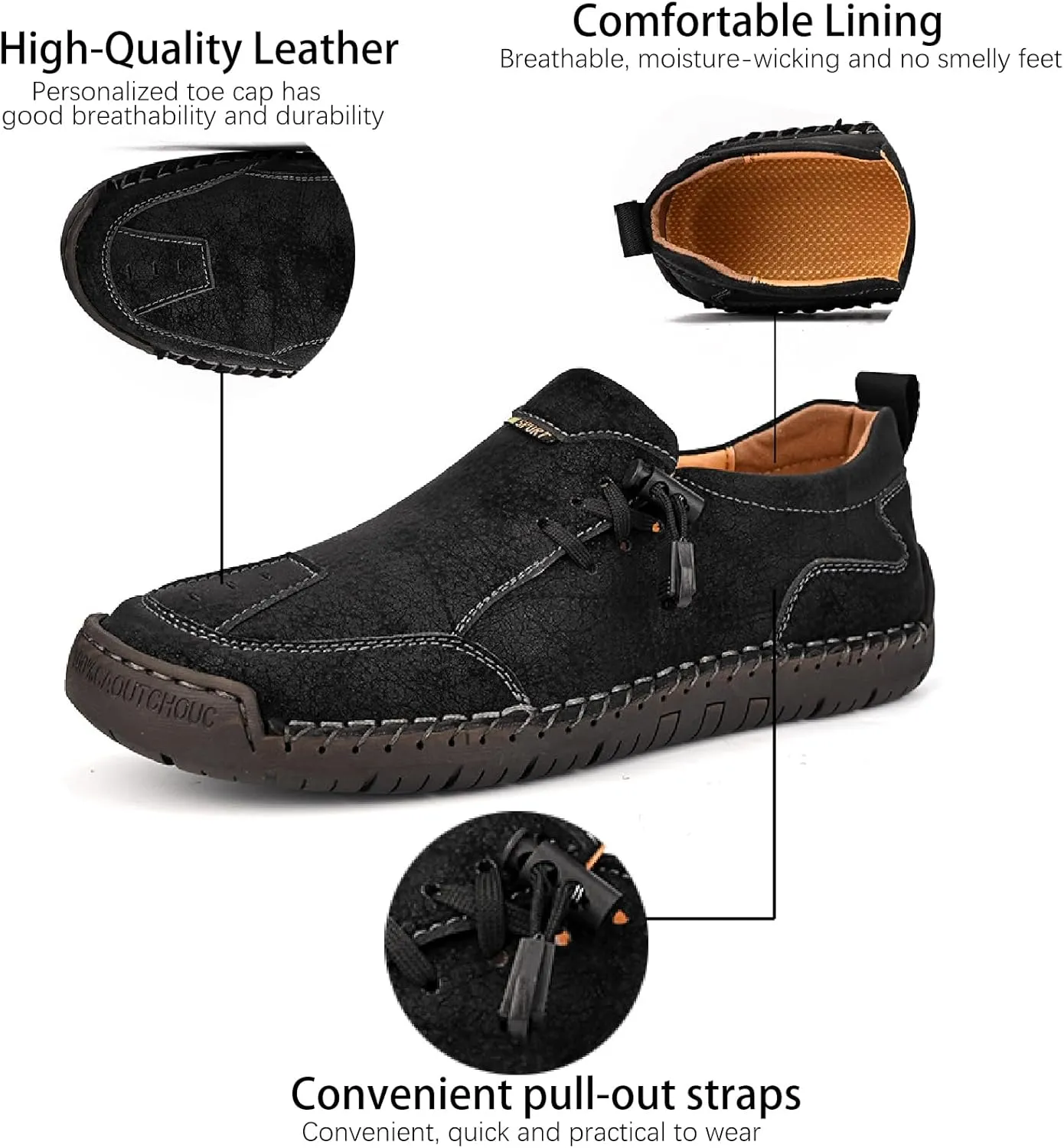 Men's Leather Hand Stitching Lace-Up Loafers Lightweight Breathable Round Toe Slip-On Flat Chukka Oxfords Driving Walking Shoes