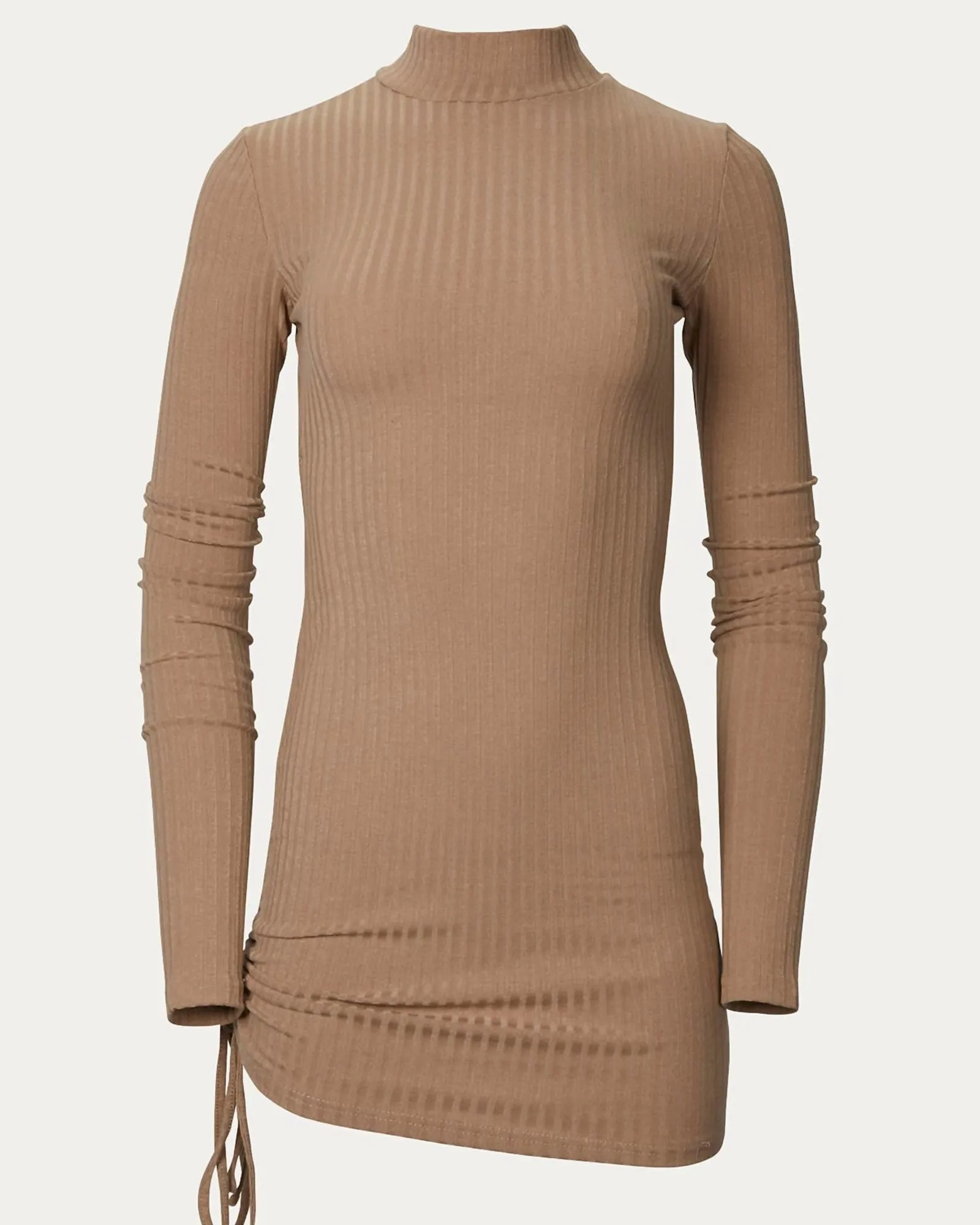 Ribbed-Knit Turtleneck Mini Dress in Camel | Camel