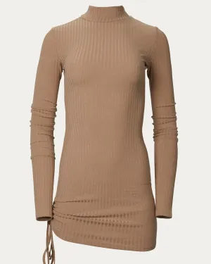 Ribbed-Knit Turtleneck Mini Dress in Camel | Camel