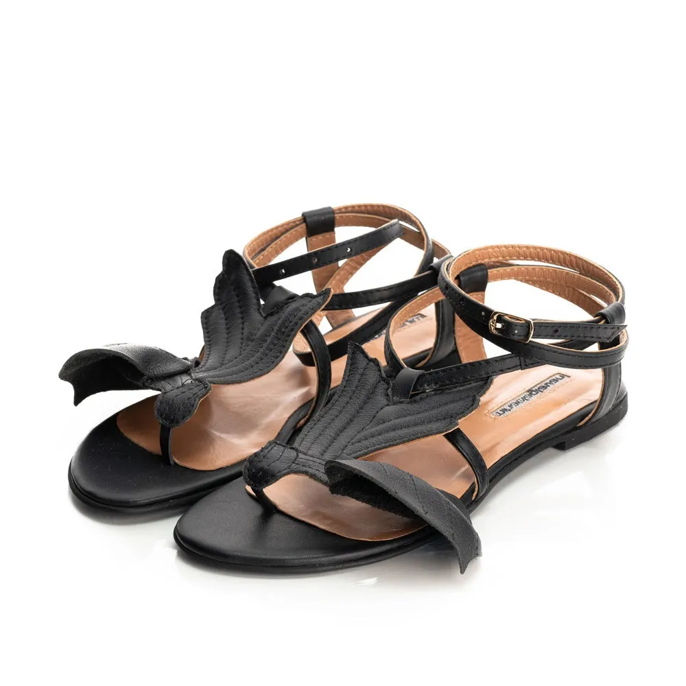 SHR Love poem black leather flat sandals