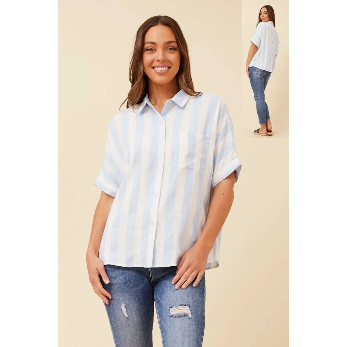 Striped Shirt With Button Front - Light Blue