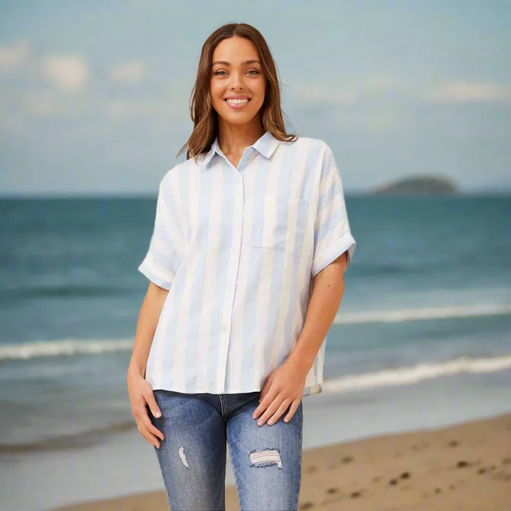 Striped Shirt With Button Front - Light Blue