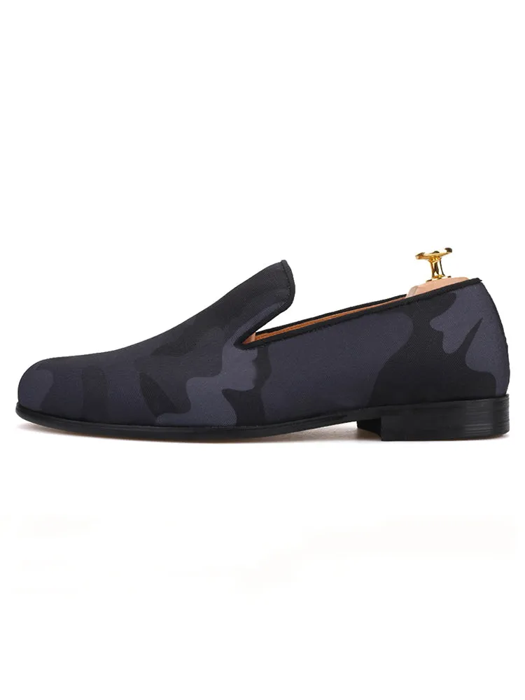 Summer new style breathable pigskin imported black camouflage cloth men's loafers British style smoking trendy shoes