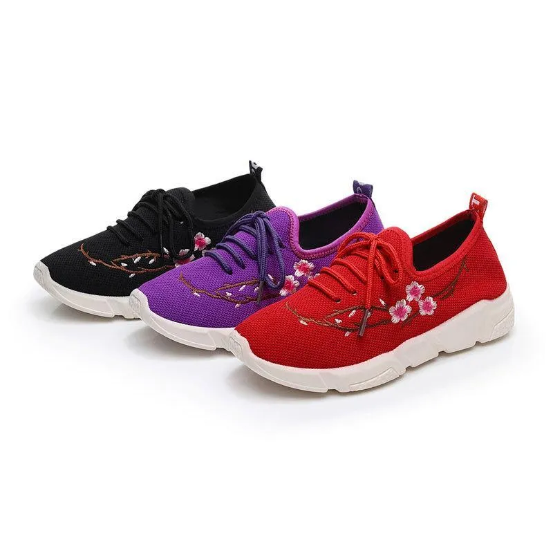 Women Embroidery Loafers Solid Lace Up Breathable Shoes