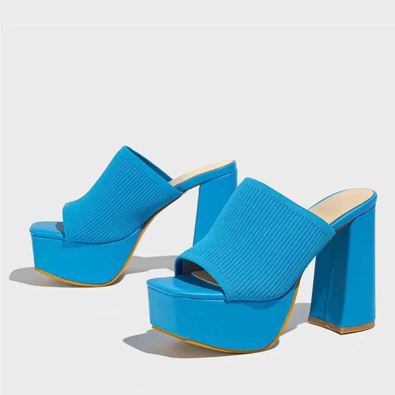 Women's stretch fabric Thick High Heel Mules