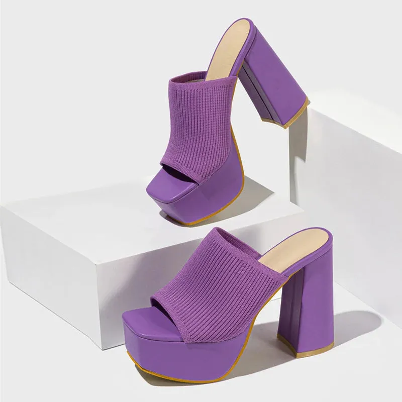 Women's stretch fabric Thick High Heel Mules